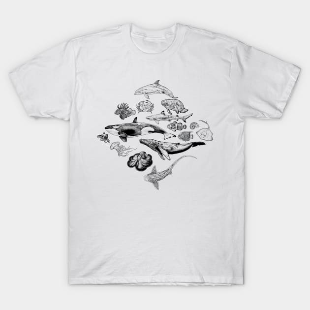 Marine Life in Ink T-Shirt by Elizabeth Weglein Art